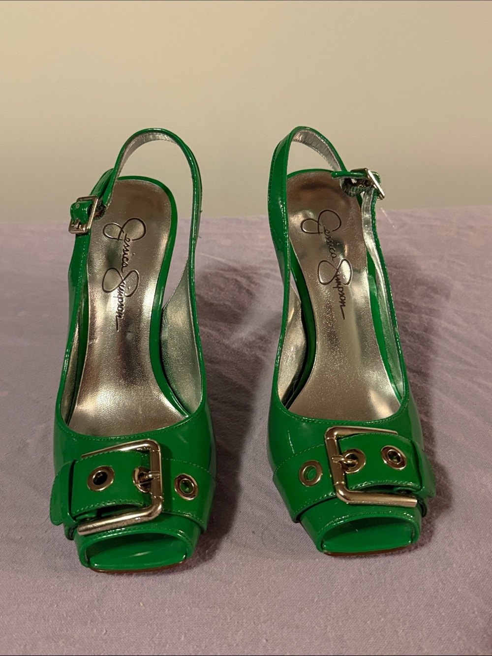 Y2K (2008) Jessica Simpson Emerald Patent Slingback Peep-Toe Heels with Buckle